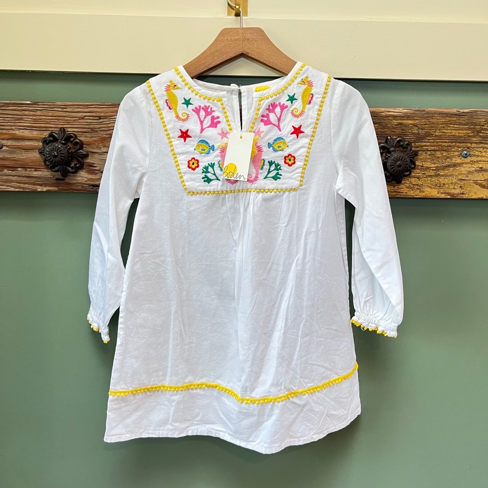 Mini Boden Girls White Sea Life Embroidered Tunic Dress Pom Pom 5-6Y G3200 NEW
